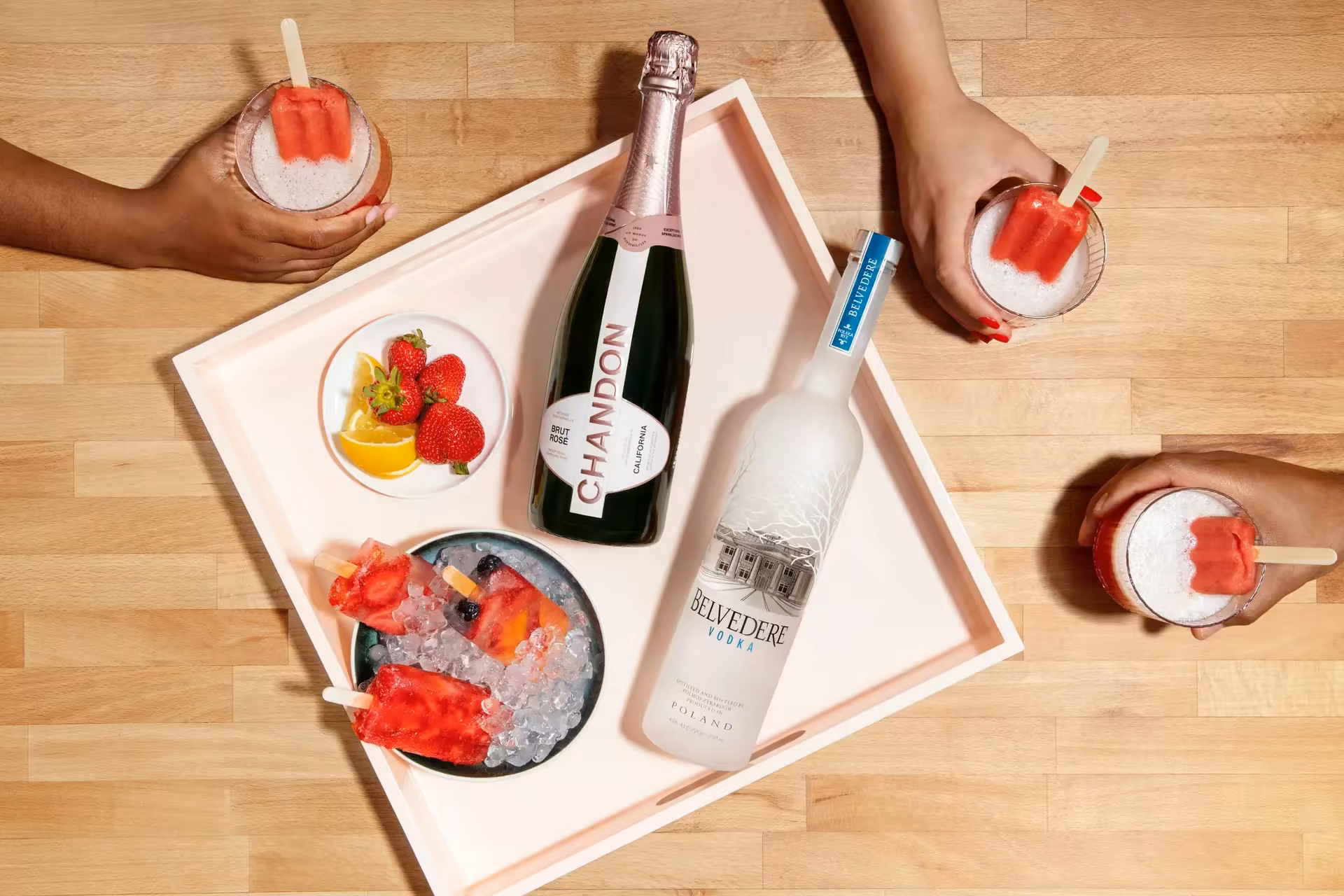 Chandon x Belvedere top-down tabletop advertising shoot, one set producing a full content library