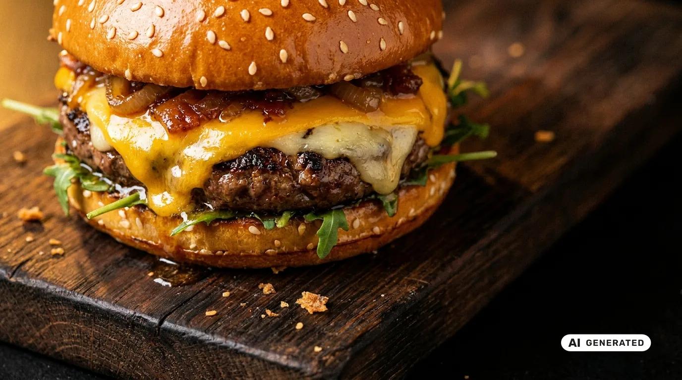 A photoreal AI-generated food image carrying a visible AI-generated label in the corner, shown as a labeling example