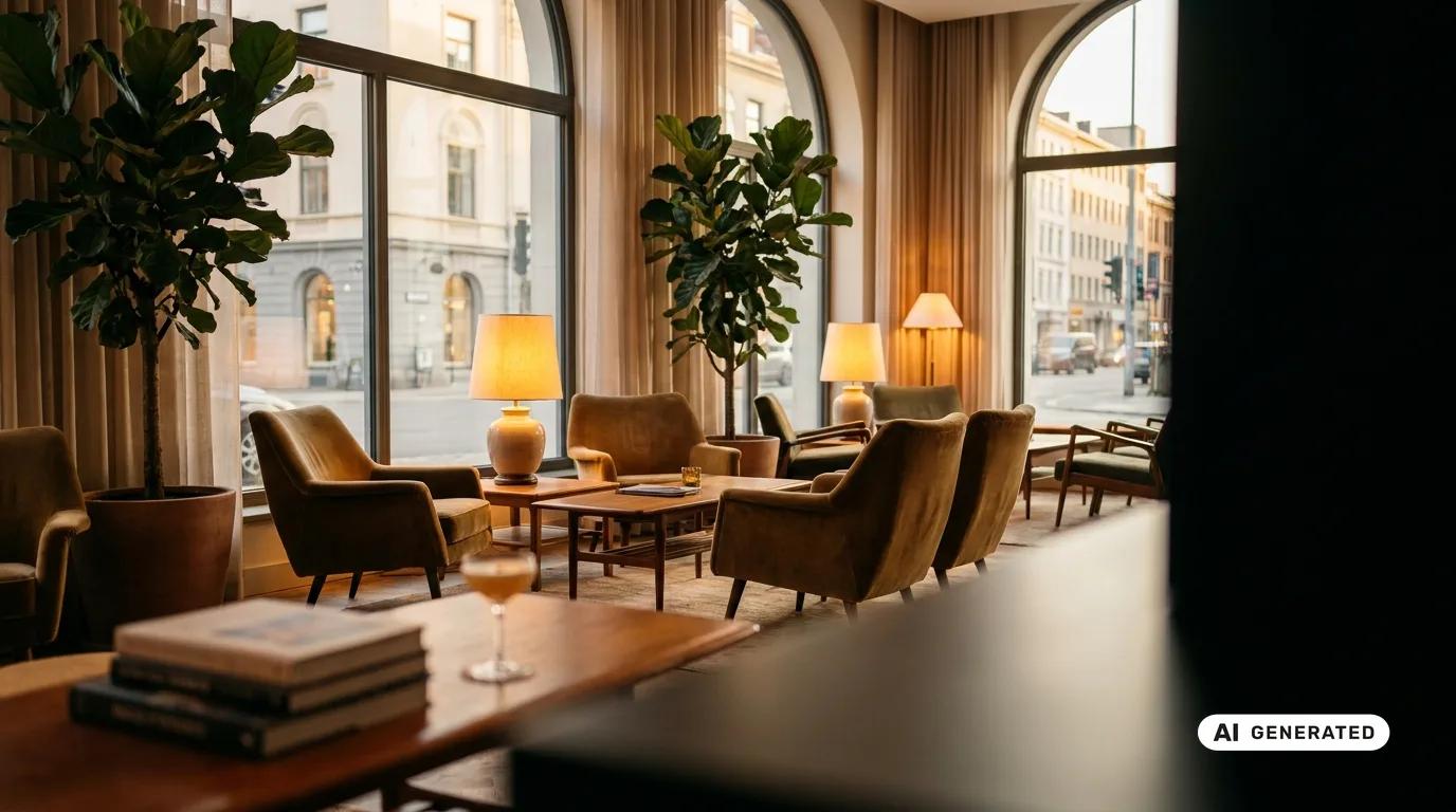 An AI-generated hospitality interior carrying a visible AI label, shown as a checklist example