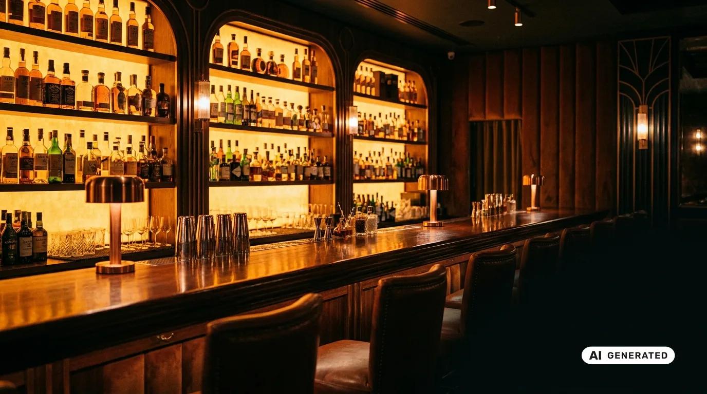 A photoreal AI-generated hospitality bar scene carrying a visible AI label, shown as an example