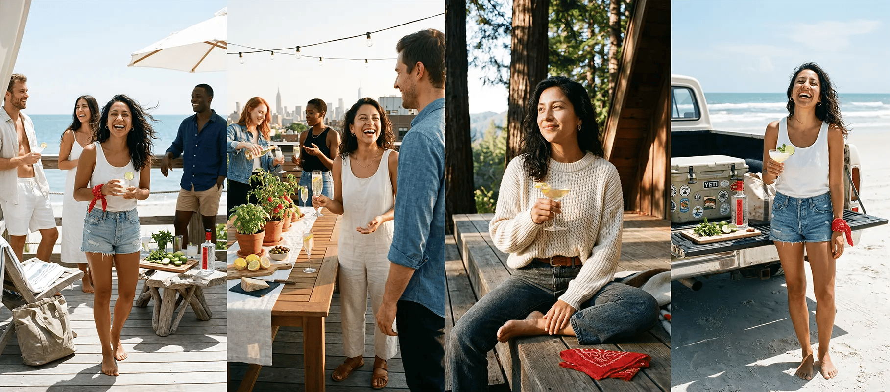 One subject and one brand look carried across four settings: a coastal umbrella gathering, a New York rooftop with the skyline behind, a redwood cabin, and a beachside truck bed, showing how a single source treatment extends across multiple markets and moods