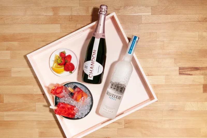 Chandon x Belvedere top-down tabletop advertising photography, dual-brand deliverable