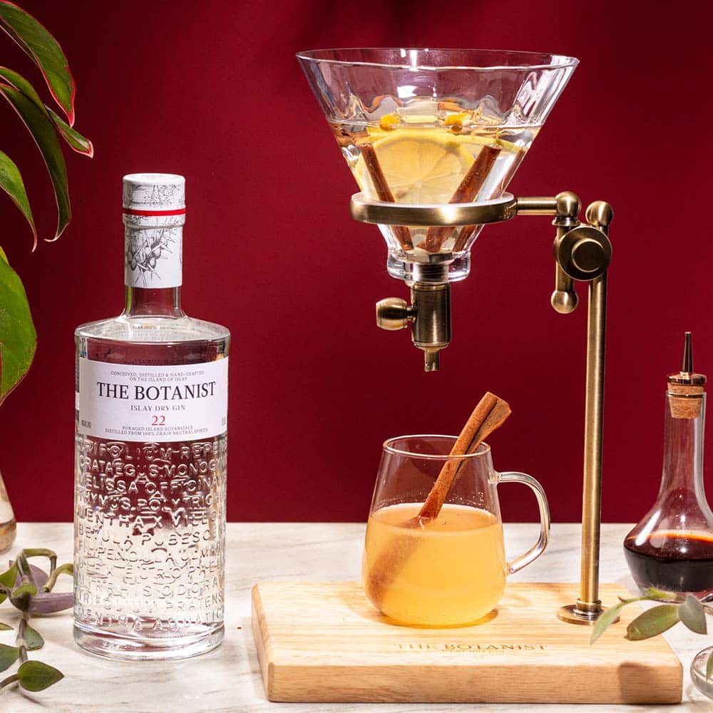 The Botanist Gin cinnamon hot toddy with rising steam - warm seasonal cocktail photography for spirits brand campaign
