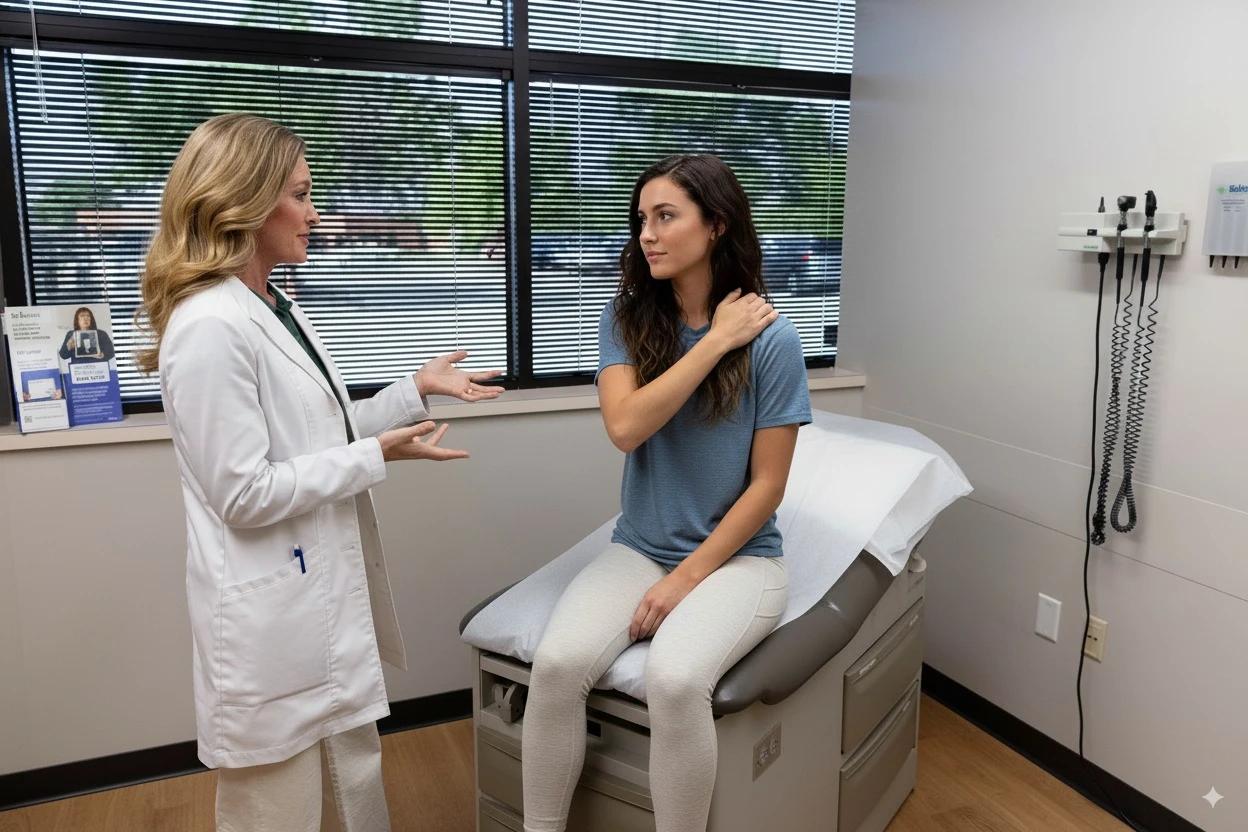 Medical professional in examination room with patient