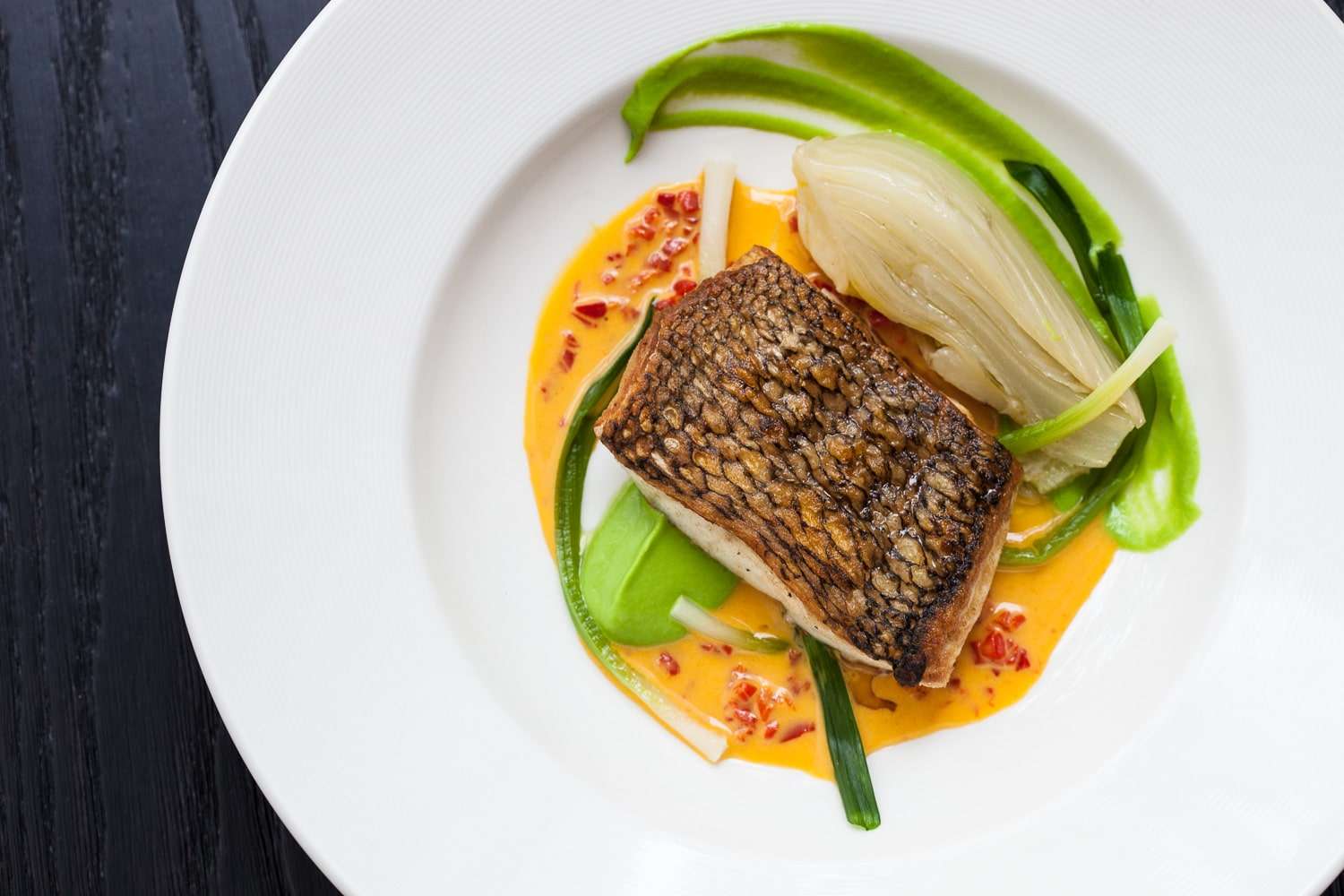 Plated Atlantic bass, New York restaurant food photography