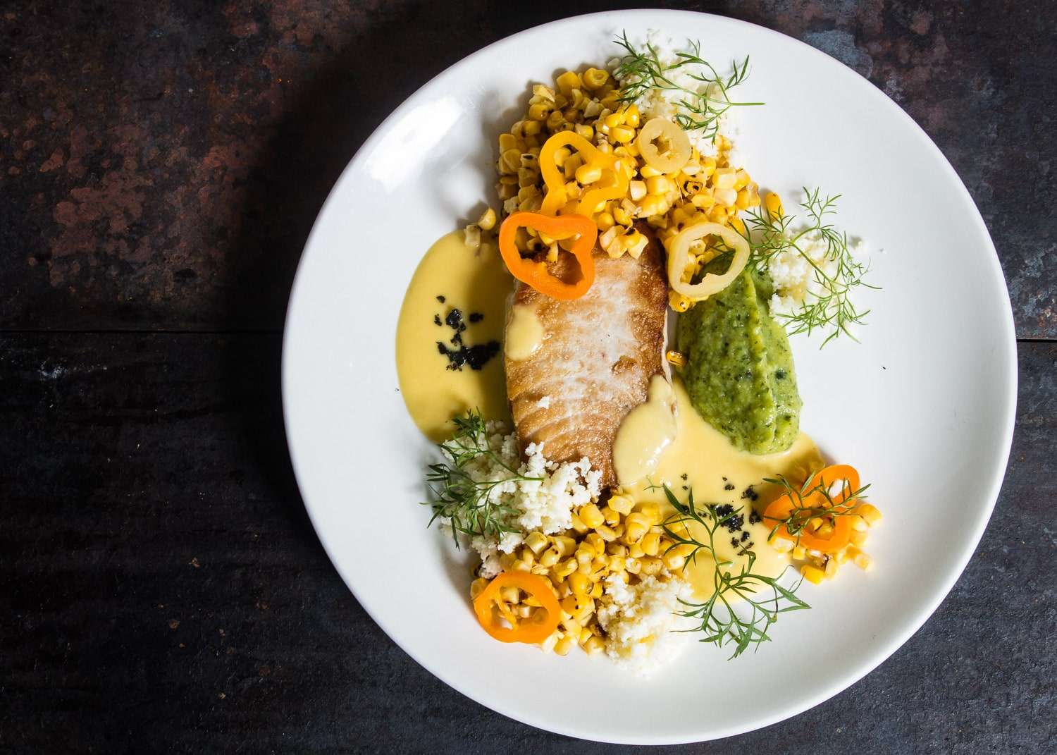 Plated fish with summer vegetable, New York restaurant photography