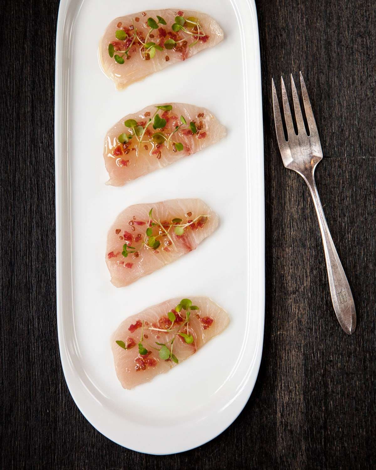 Yellowtail crudo, New York raw bar food photography