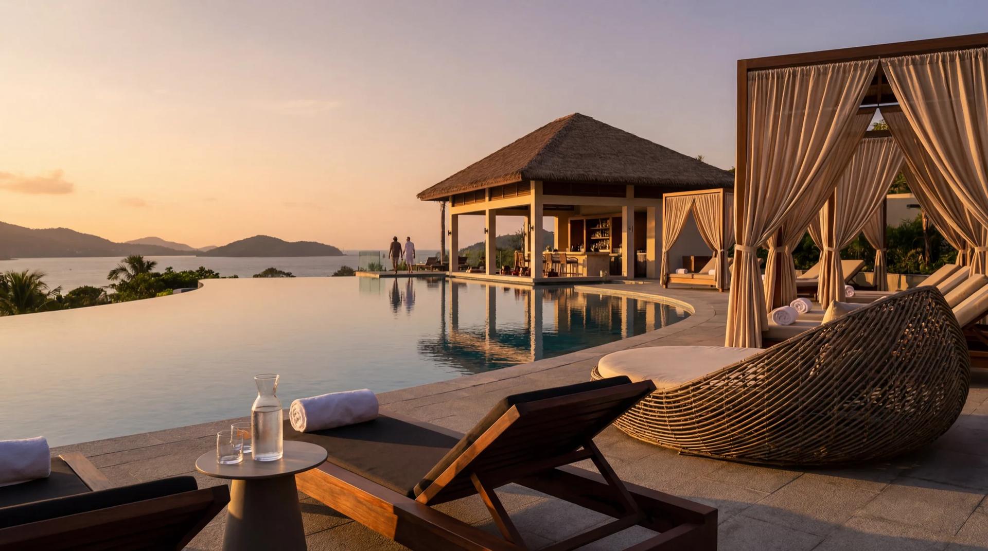 Luxury resort infinity pool overlooking tropical islands and turquoise water