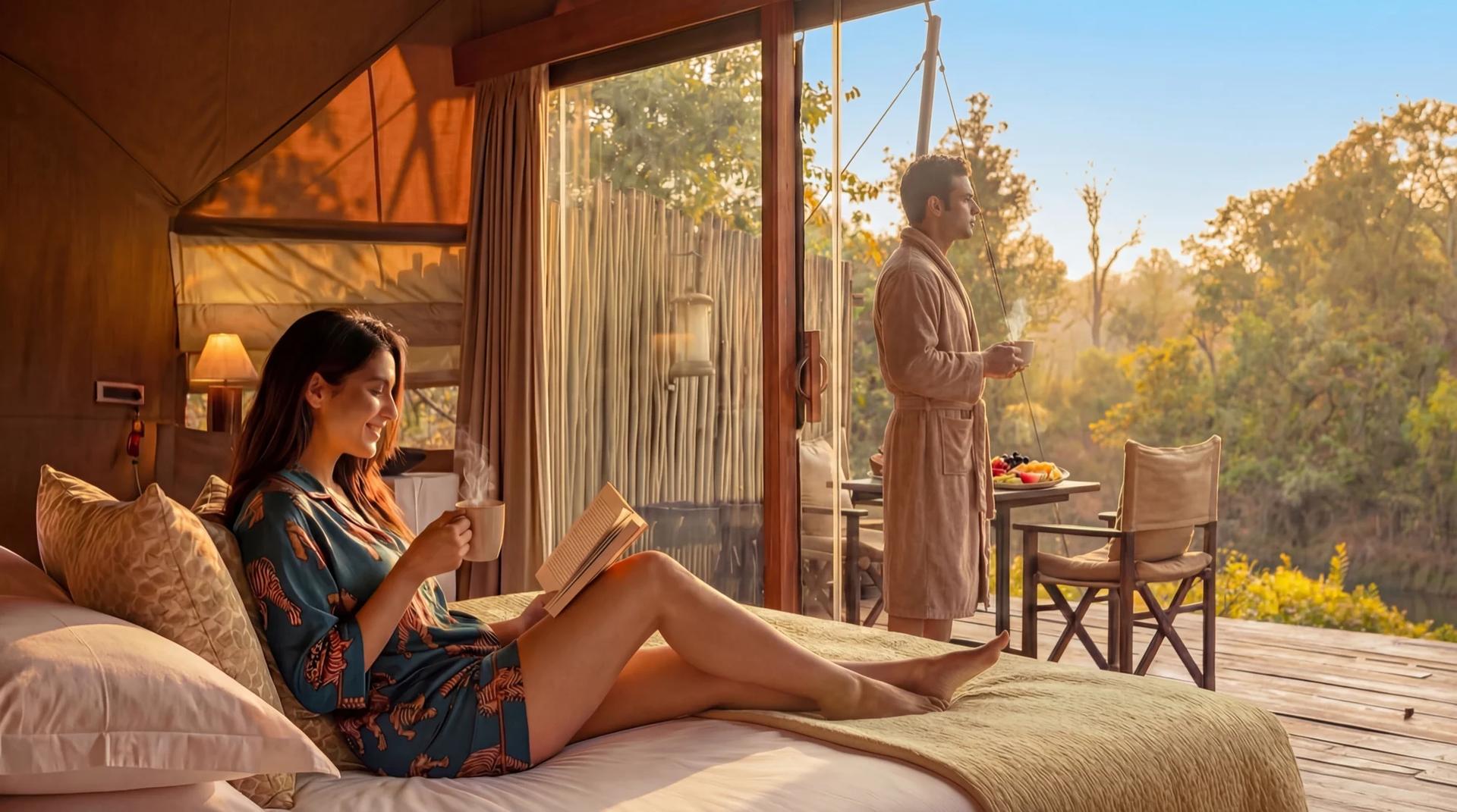 Luxury safari lodge exterior at dusk with ambient firelight