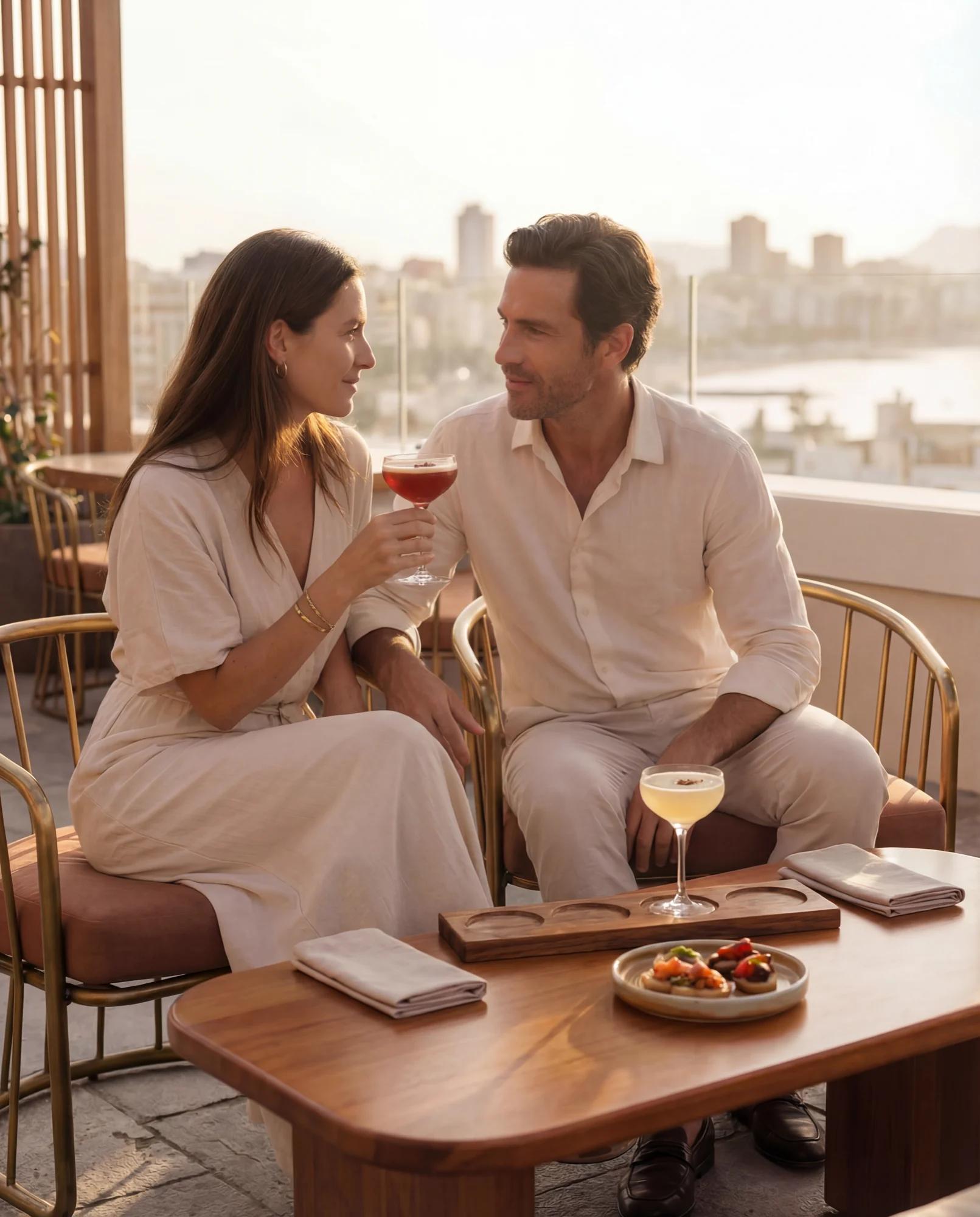 Sophisticated hotel bar scene with signature cocktails and warm moody lighting