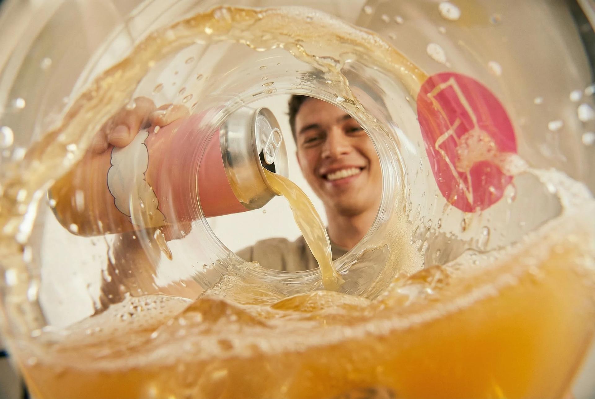 Golden beer pour with dynamic splash for Lumen Beer advertising