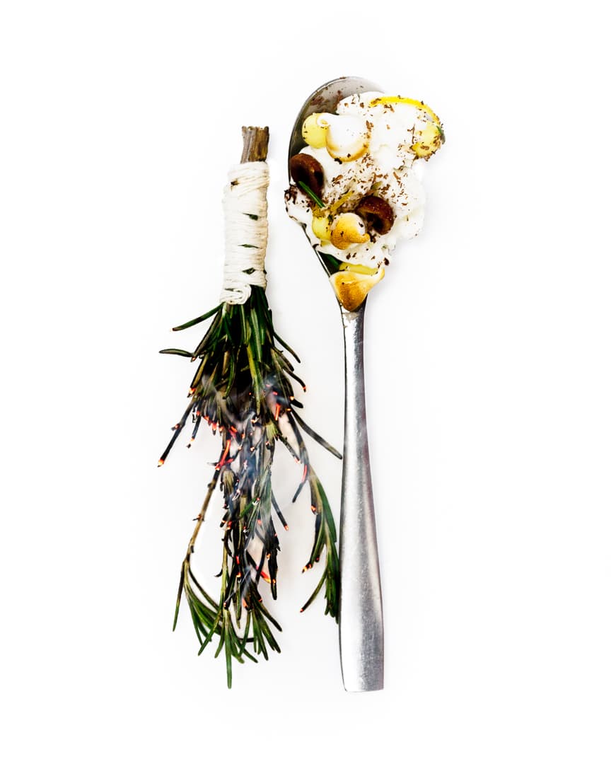 Spoonful portrait of Pastry Chef Bob Truitt featuring burning rosemary, roasted hazelnuts, and chocolate in a perfectly balanced spoon.
