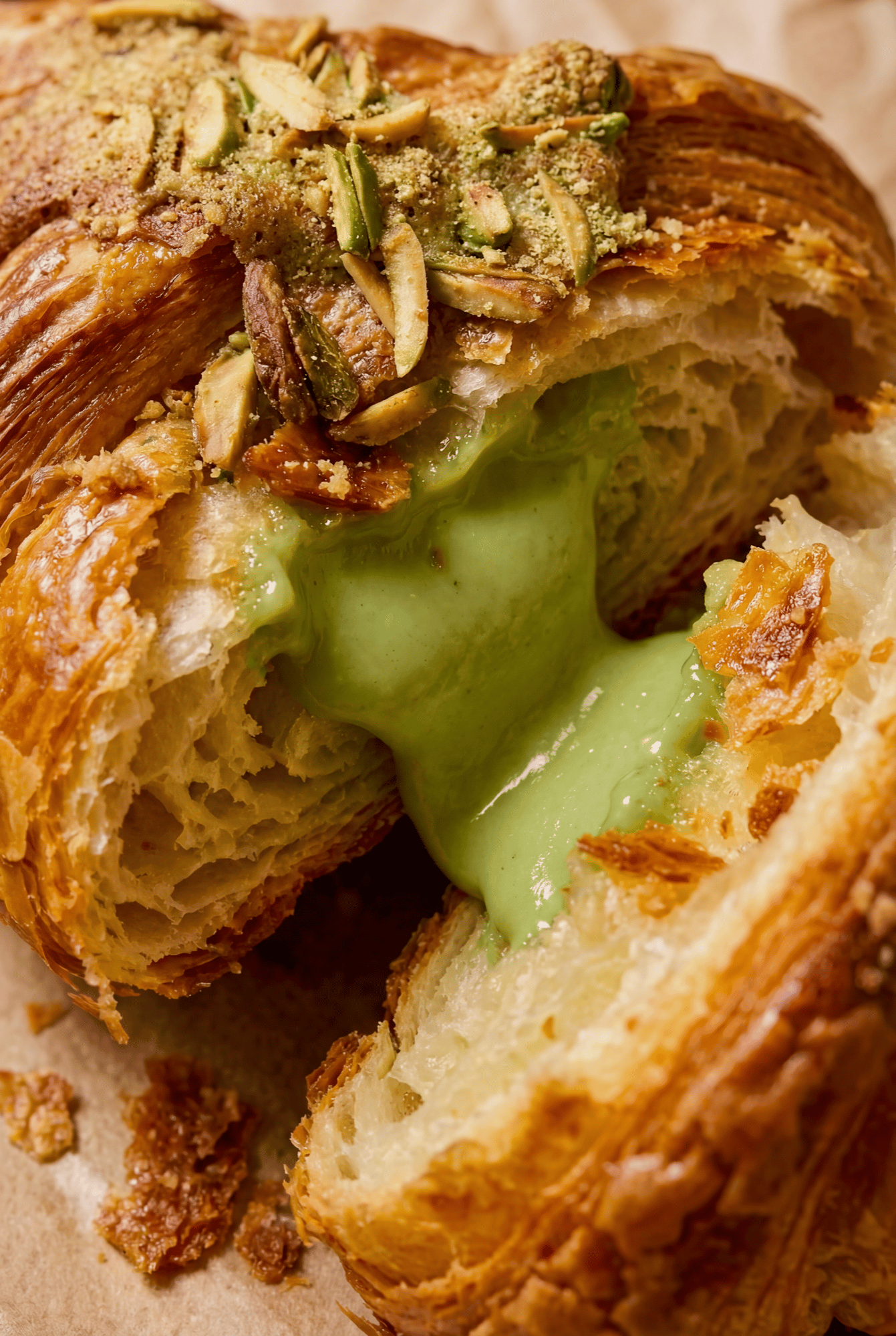 Close-up of a pistachio croissant cut open showing cream filling, an example of craft-first food photography by Brent Herrig