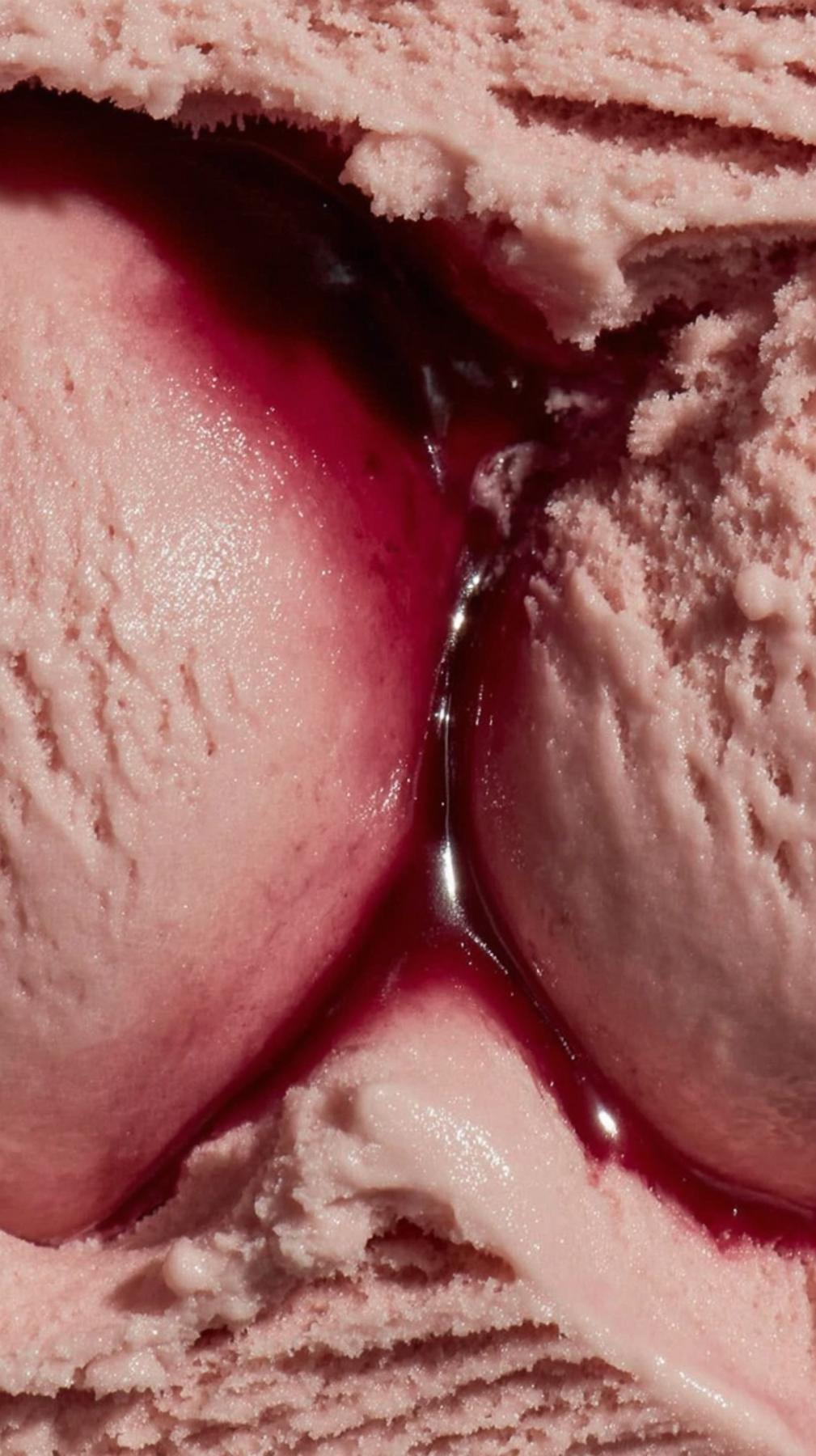 Red Lover ice cream with vivid color and sculptural scoops, photographed by Brent Herrig