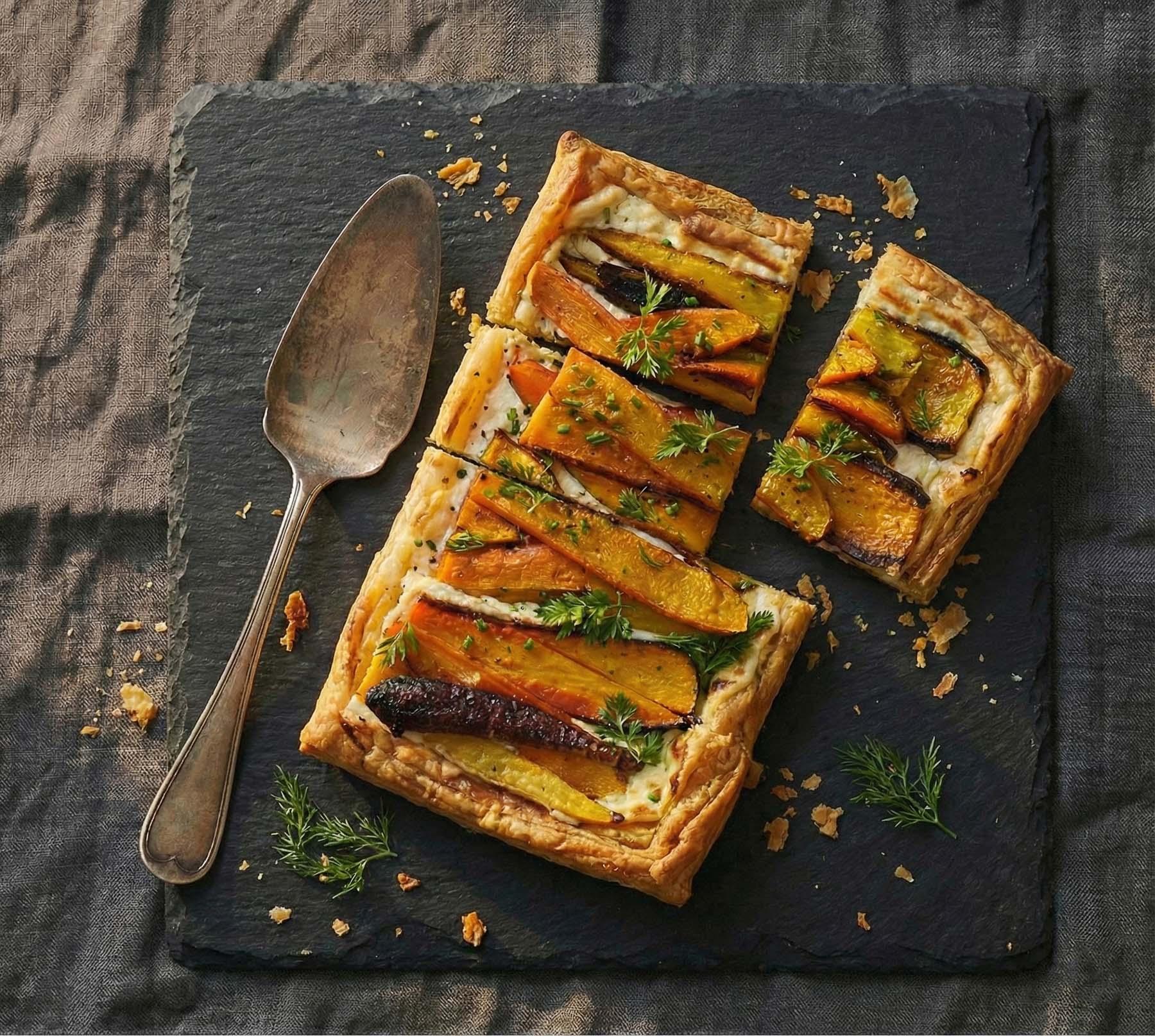 Roasted carrot tart on a slate board, styled food photography demonstrating craft-first production quality