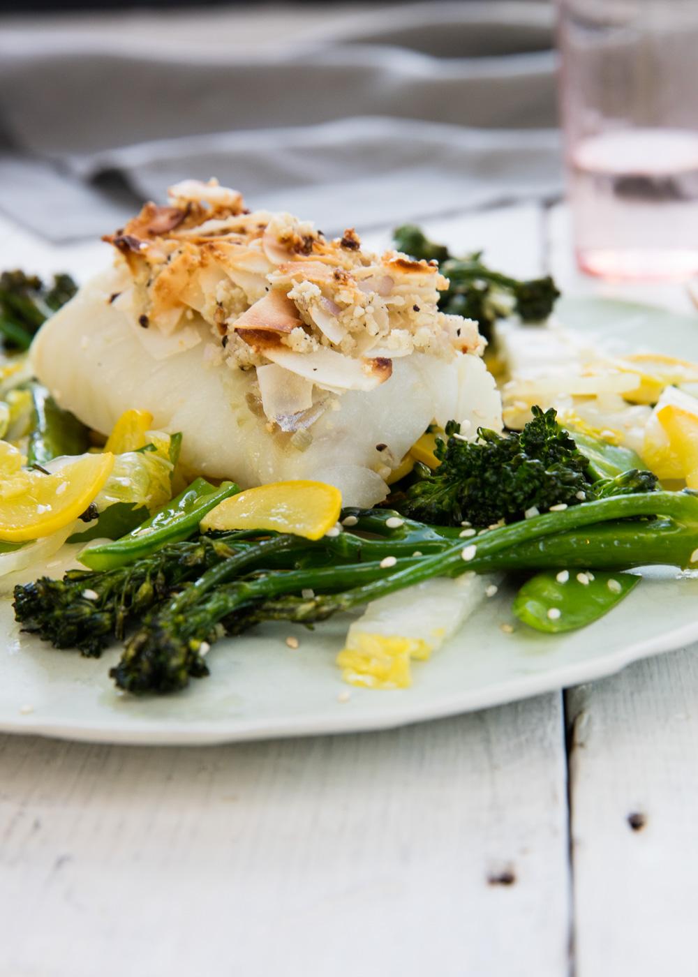 Coconut crusted fish with vegetables from The Whole30 Cookbook