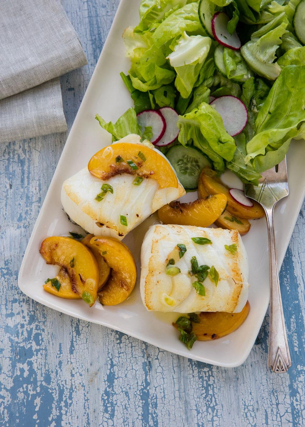 Seared sea bass with peaches from The Whole30 Cookbook