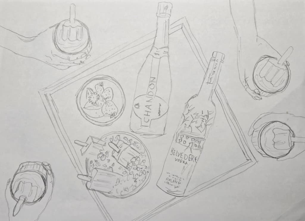 Initial composition sketch for the multi-drink tabletop layout