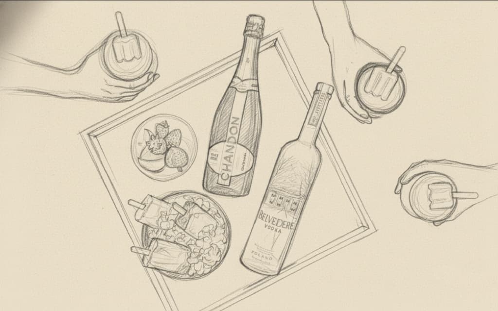 Technical production sketch for glass and bottle placement