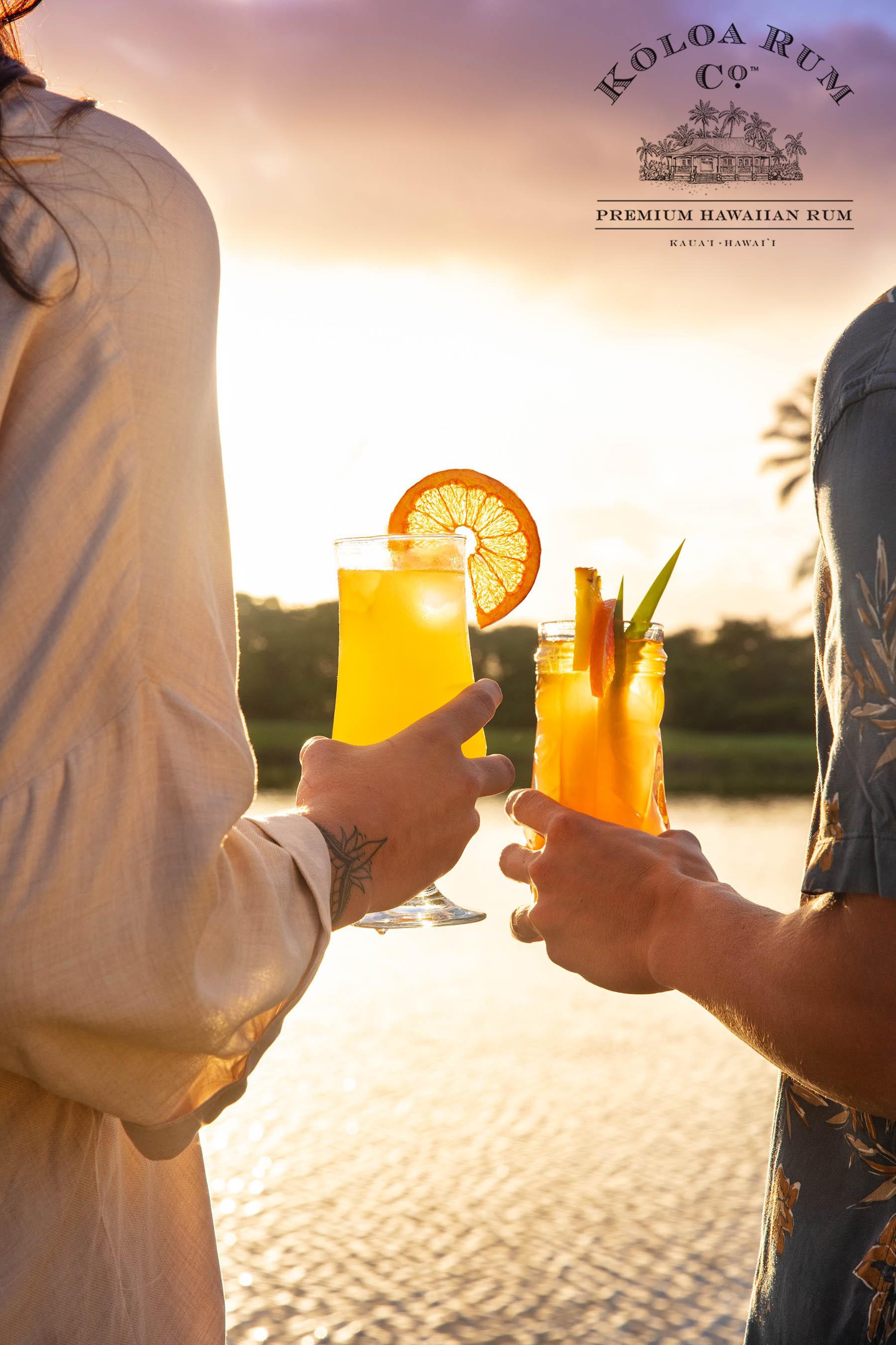 The same cocktail photograph after AI frame extension, adapted into a vertical advertising layout for Koloa Rum Co.