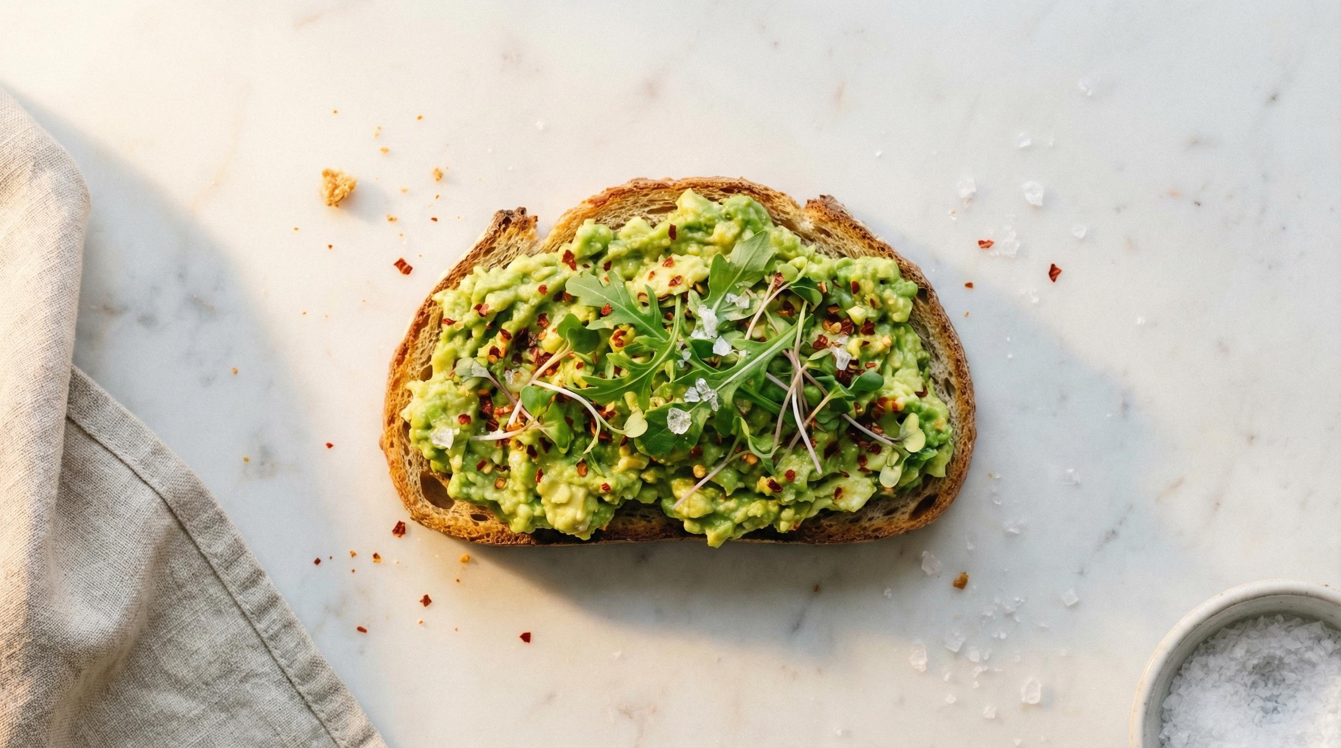 Avocado toast on sourdough bread topped with microgreens and chili flakes, photographed from overhead