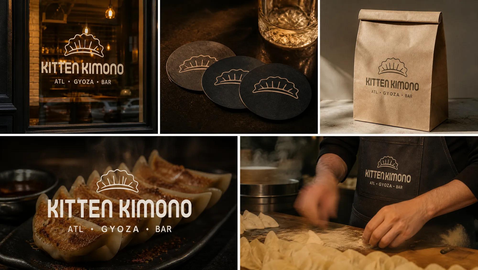 Five brand touchpoints for Kitten Kimono: restaurant window logo, branded coasters, takeout bag, gyoza hero shot with logo overlay, and behind-the-scenes gyoza folding. One visual identity carried across every surface.
