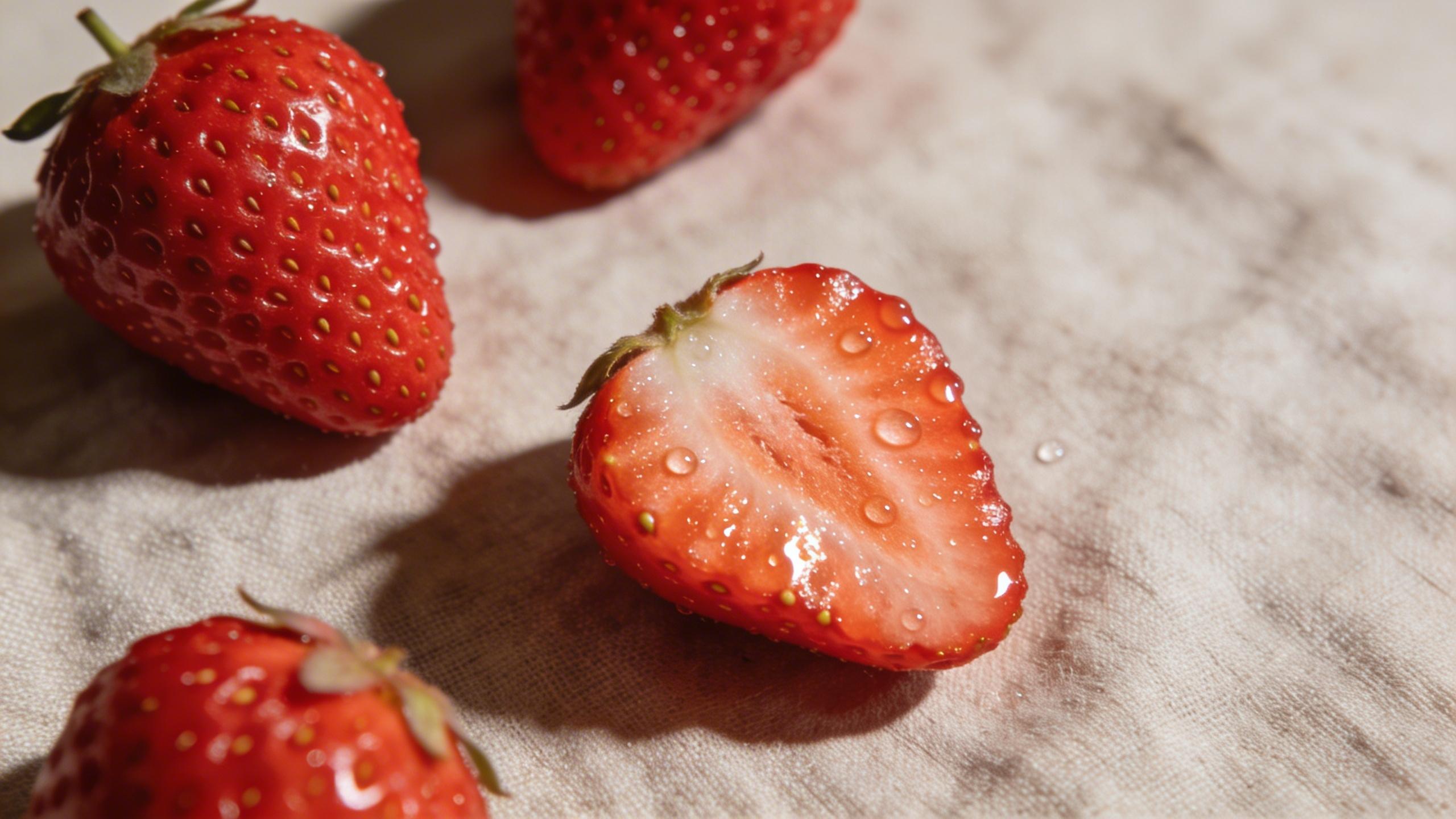 Macro close-up of a fresh strawberry with water droplets on the surface, showing seed texture and vivid red color