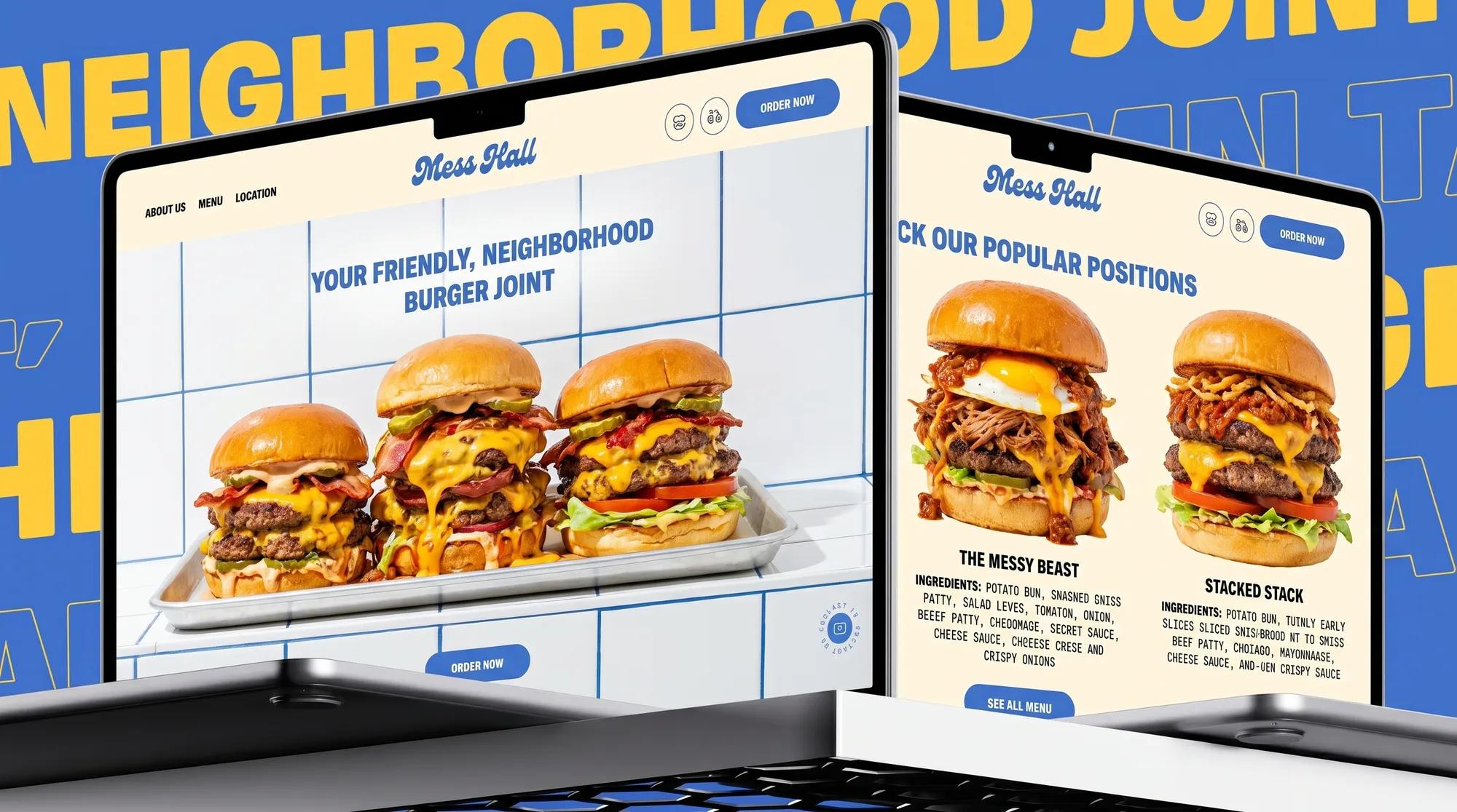 Mess Hall Burgers photography deployed across a website hero and digital menu, the same shoot system serving two formats from one day on set
