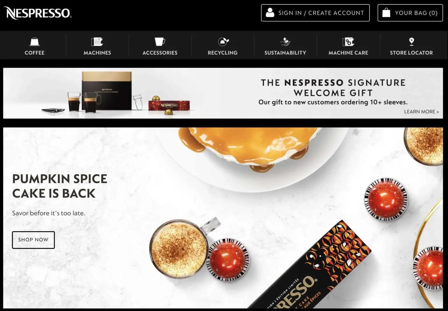 The same hero beverage photograph placed as a small website header on a Nespresso landing page, an example of low-value owned-channel usage in commercial food photography licensing
