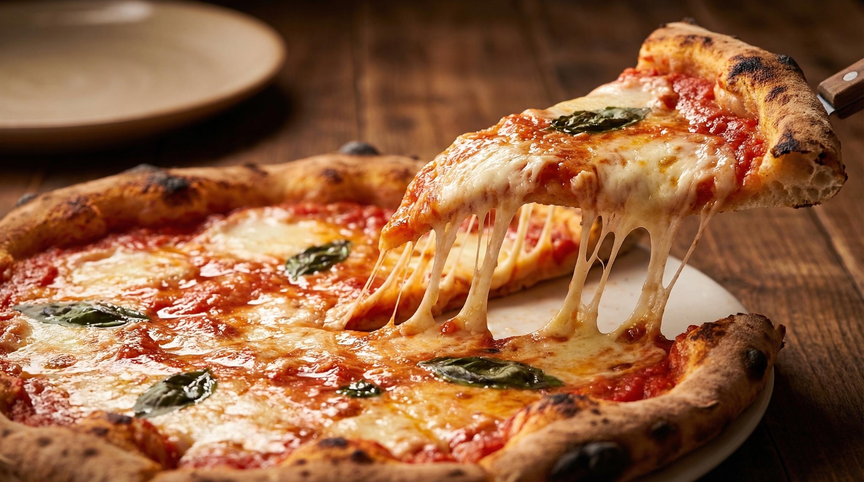 Margherita pizza with a mozzarella cheese pull, photographed mid-stretch by Brent Herrig
