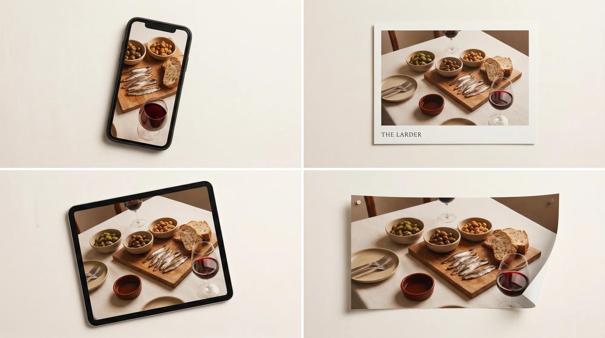 One food photograph for The Larder shown across four surfaces: phone, tablet, printed card, and large-format print, all from a single hero image