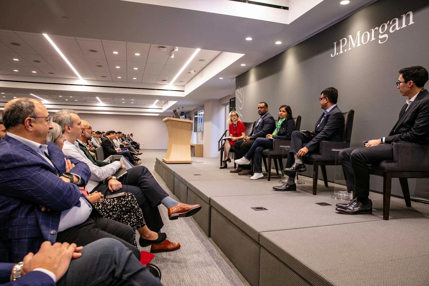 Audience listening intently at corporate seminar