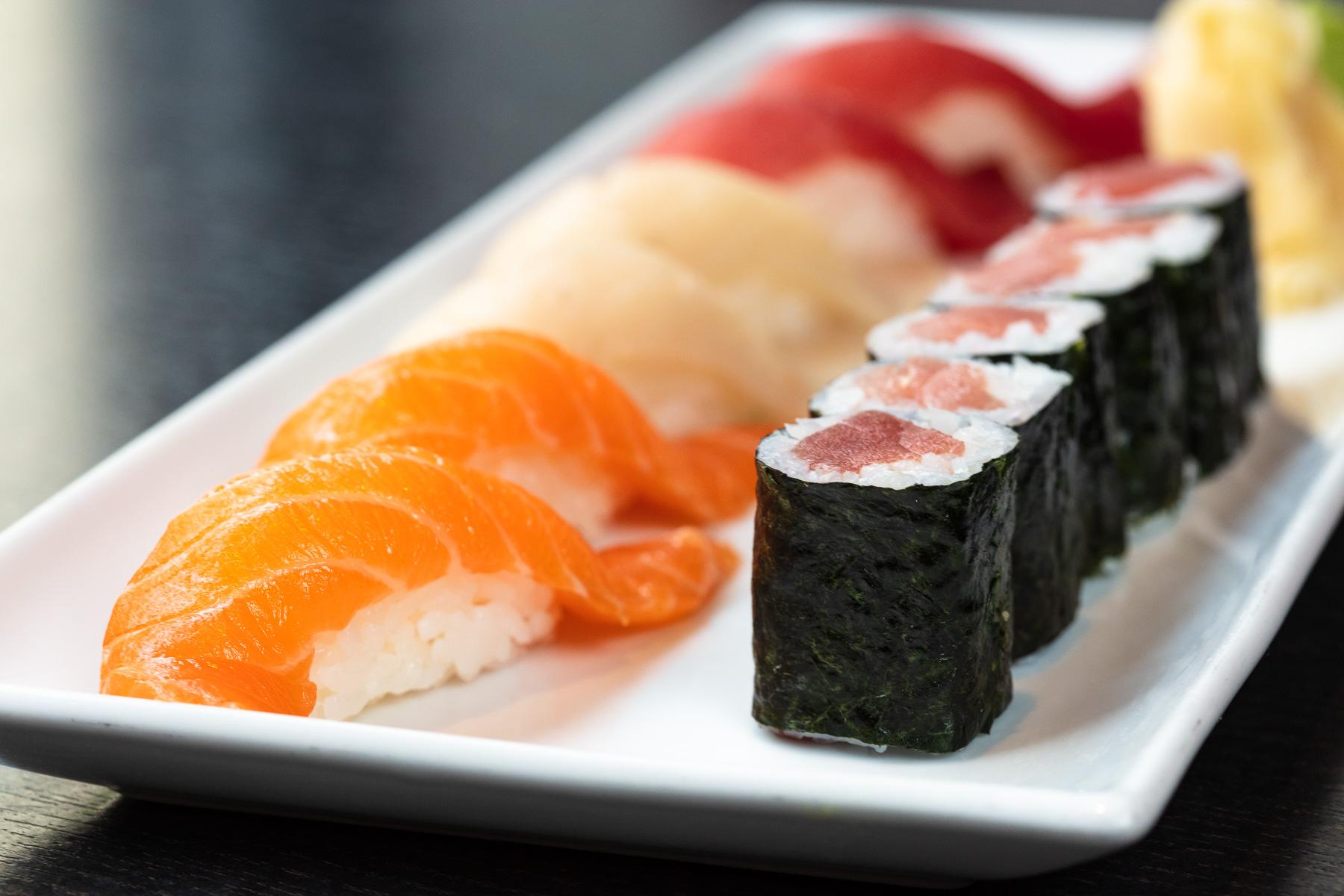 Fresh sushi platter with sashimi and rolls