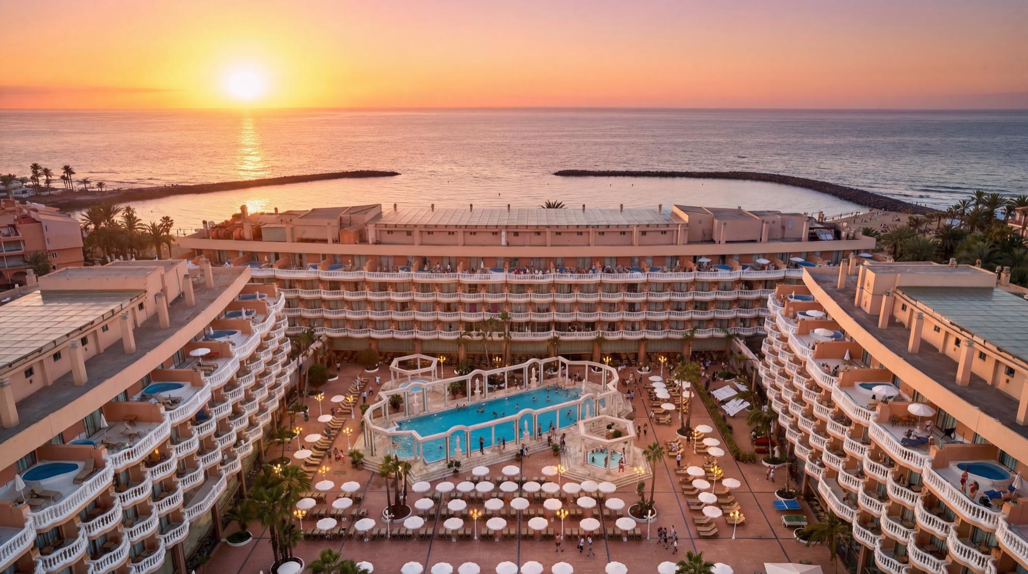 Aerial drone photography of luxury coastal hotel architecture and beach scenery