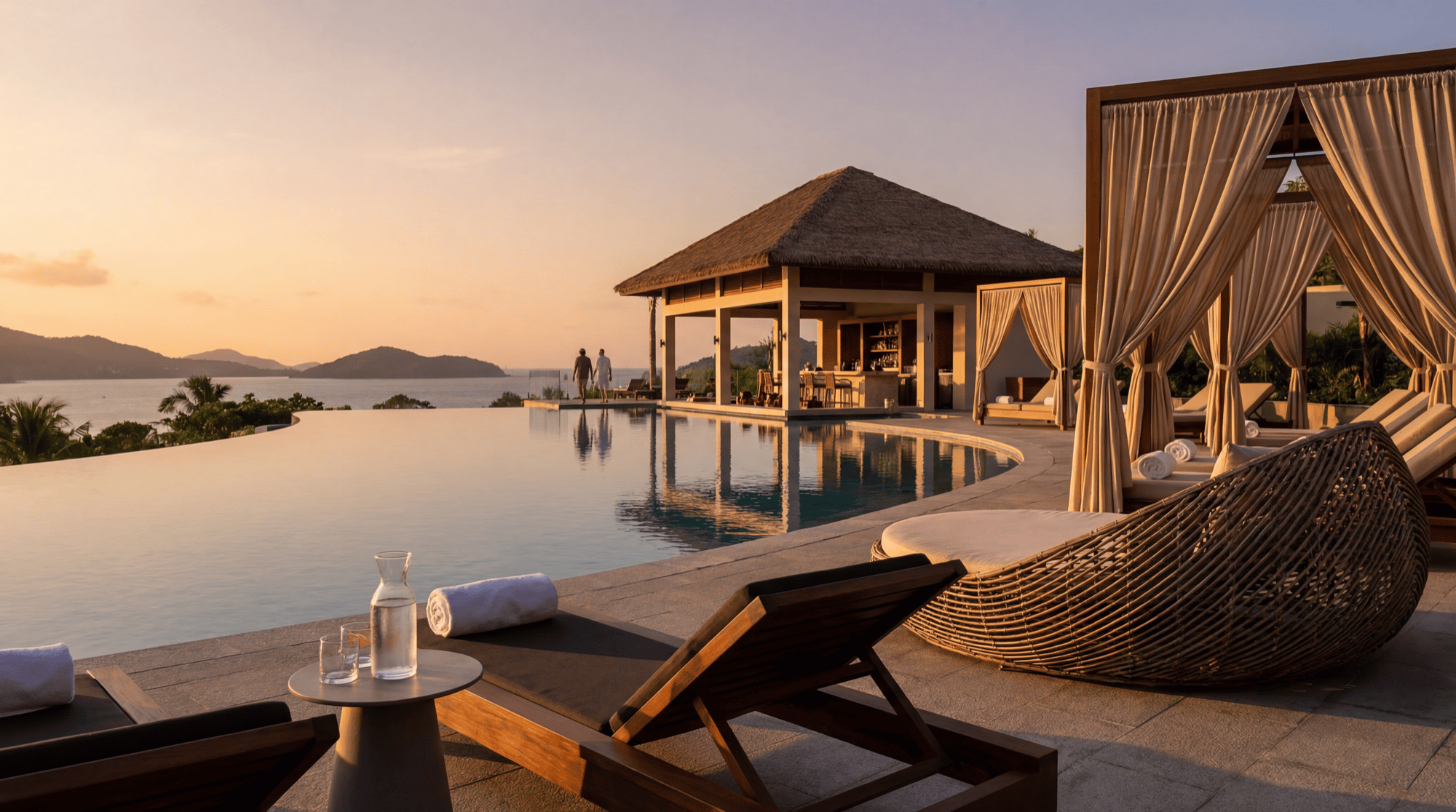 Breathtaking infinity pool overlooking tropical islands and crystal clear water