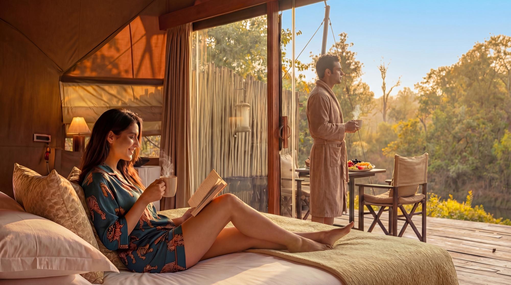 Luxury safari lodge exterior at dusk with ambient firelight