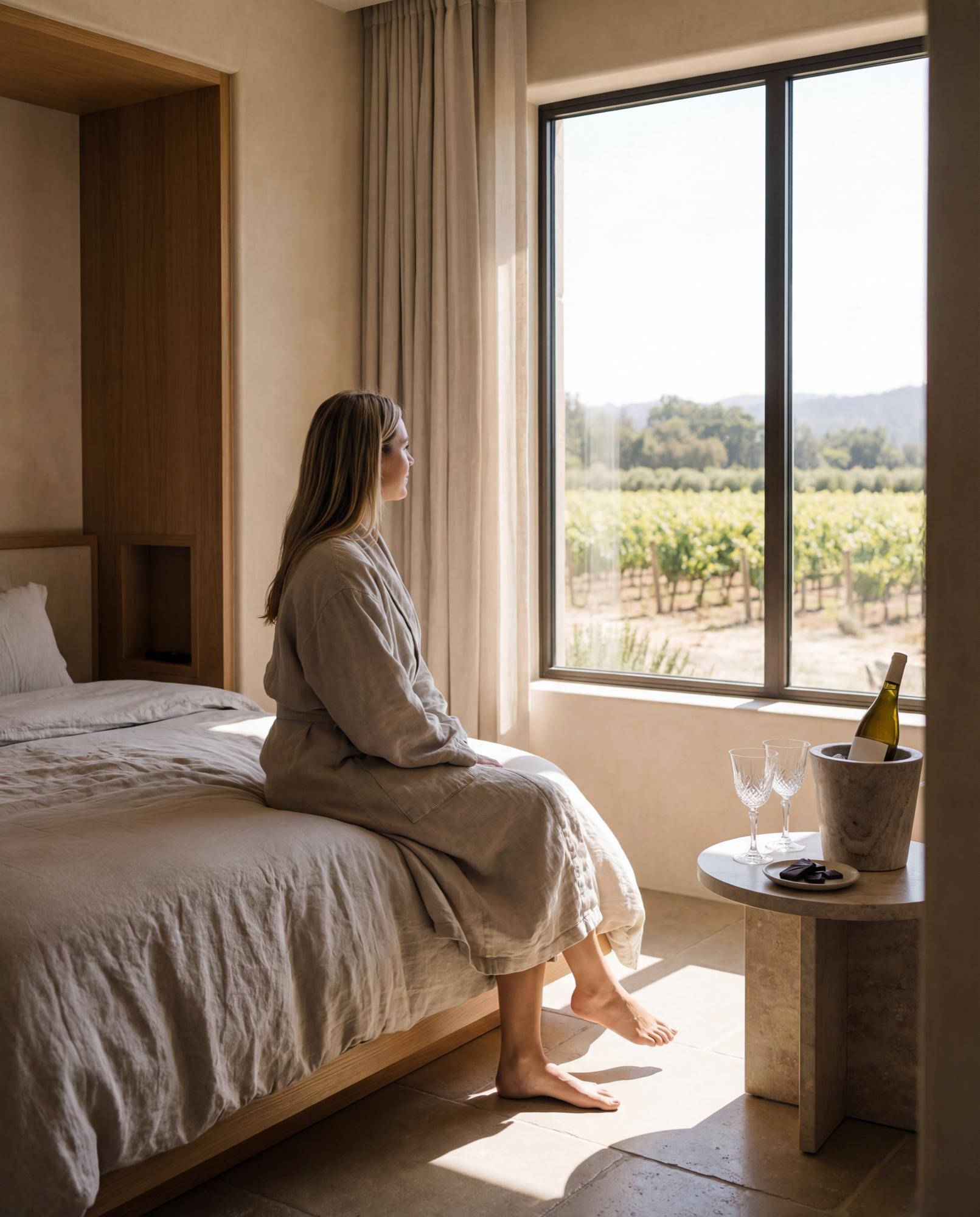 Stunning valley views of Napa vineyards from a luxury hotel balcony