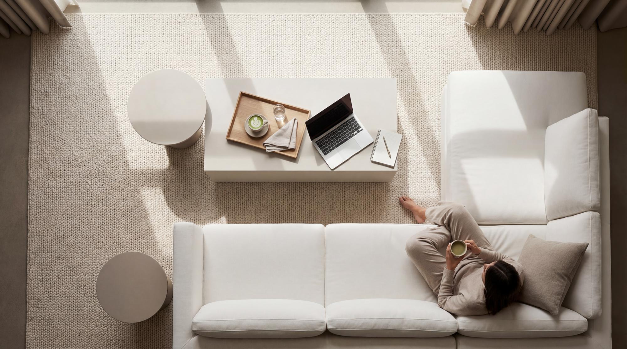 Artfully composed overhead shot of a luxury hotel room setup
