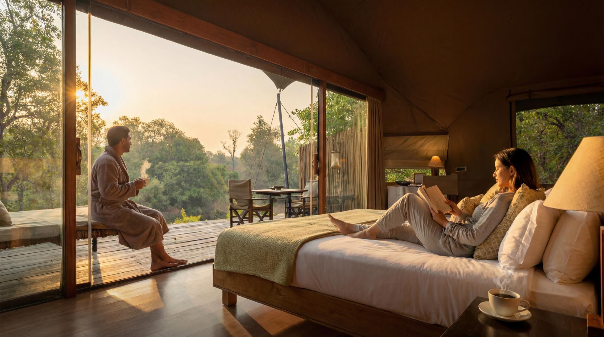 Luxury safari suite interior with panoramic savannah views