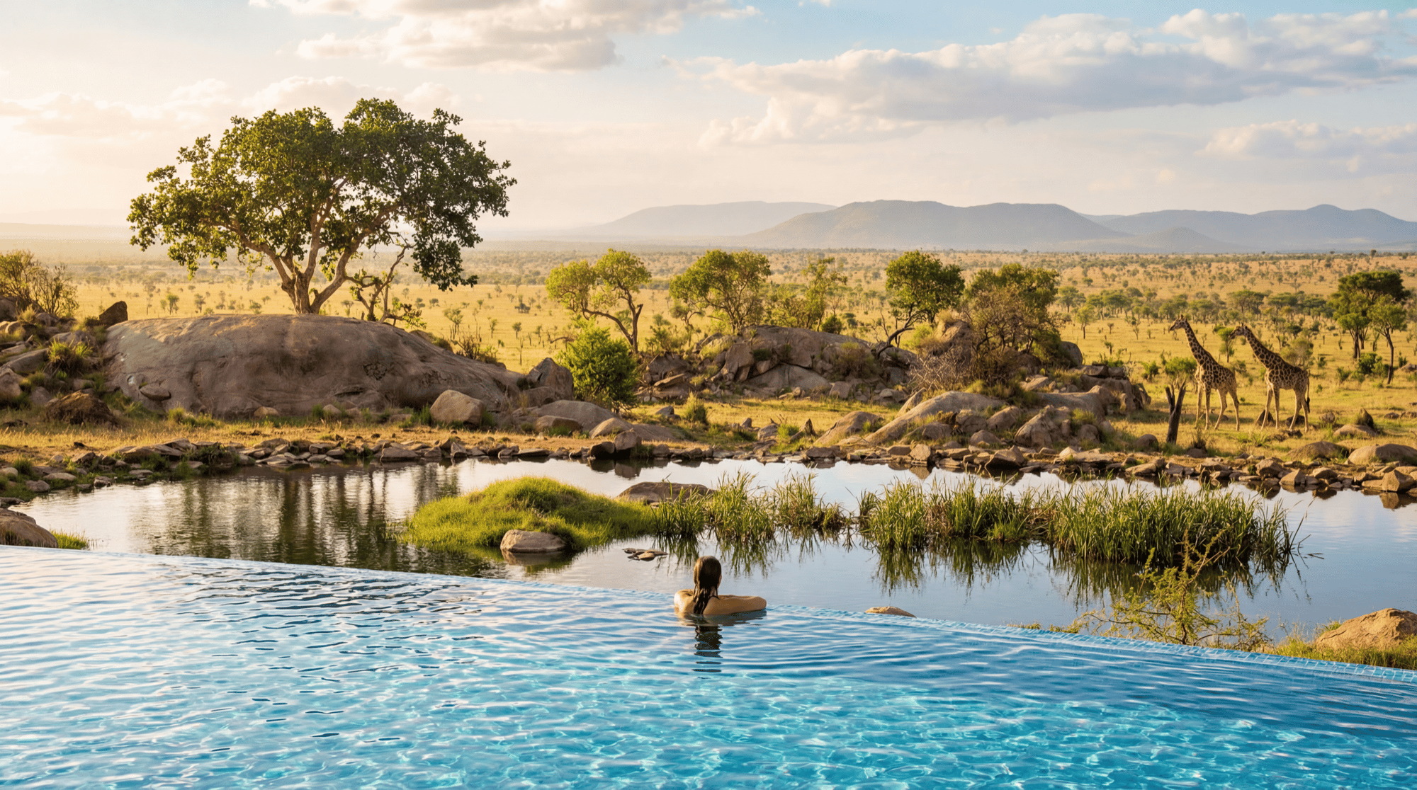 Wildlife watering hole viewed from a luxury lodge guest lounge