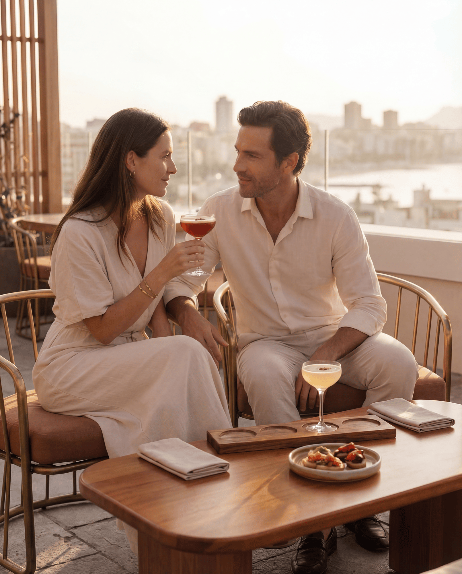 Sophisticated hotel bar scene with signature cocktails and warm moody lighting