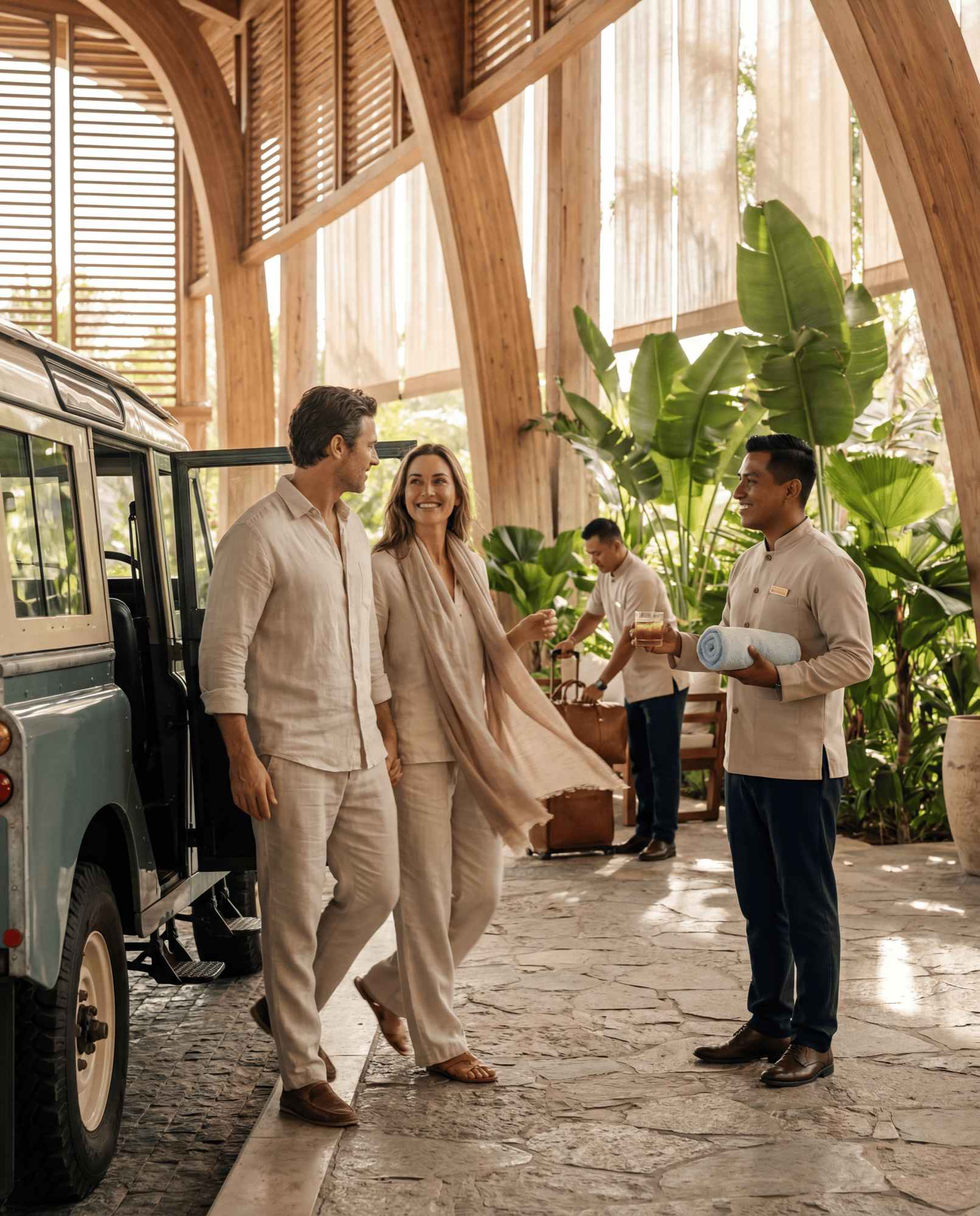 Welcoming hotel suite guestroom with fresh linens and warm sunlight
