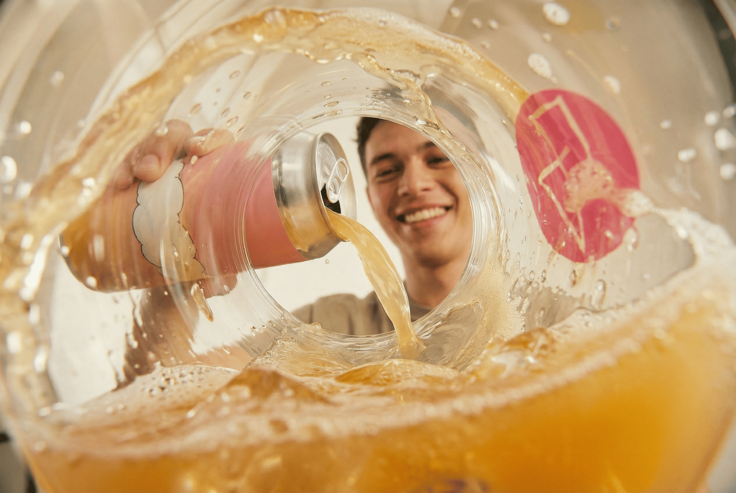 Golden beer pour with dynamic splash for Lumen Beer advertising