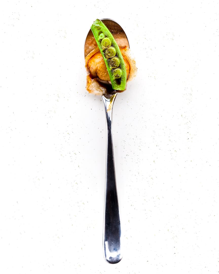Spoonful portrait of Anthony Ricco titled The Perfect Bite, featuring peekytoe crab, mustard, soy sauce, green chili, basil, and snap pea.