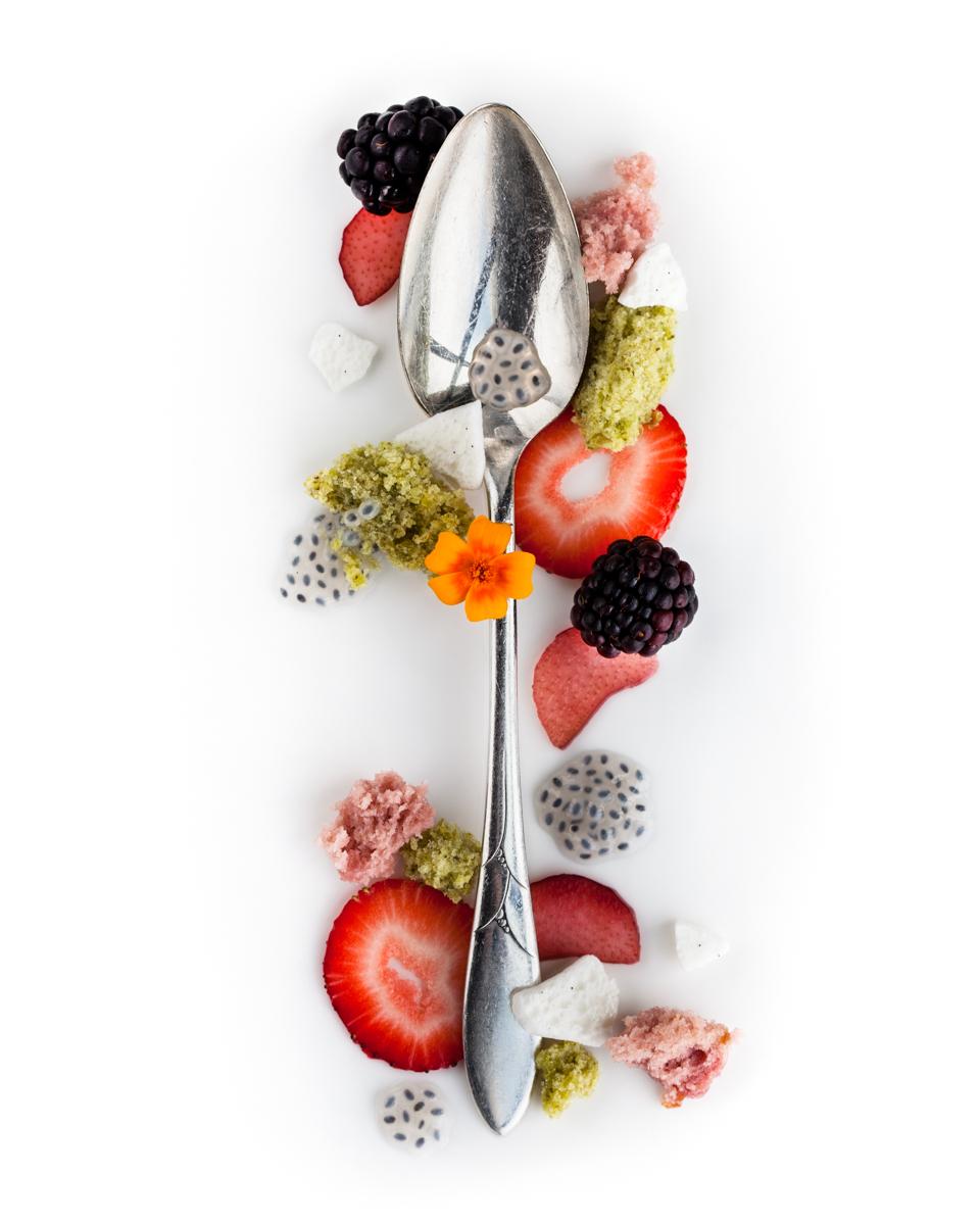 Spoonful portrait of Pastry Chef Chris Ford titled Summertime Sweetness, featuring strawberry and basil sponge cake with poached rhubarb in a vintage Oneida print spoon.