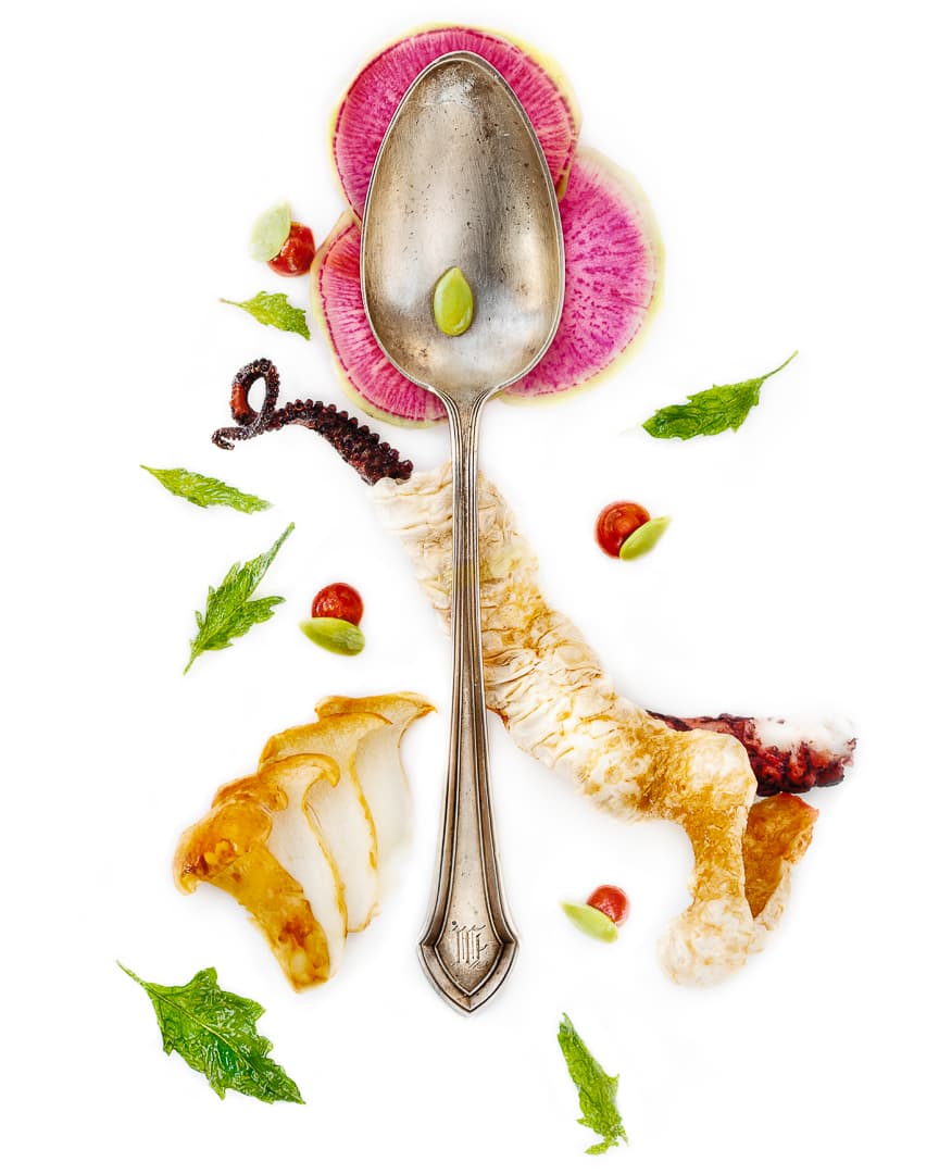 Spoonful portrait of Chef Danny Mena titled Generations of Flavor, featuring octopus, bone marrow, and epazote in an ergonomically perfect heirloom spoon.
