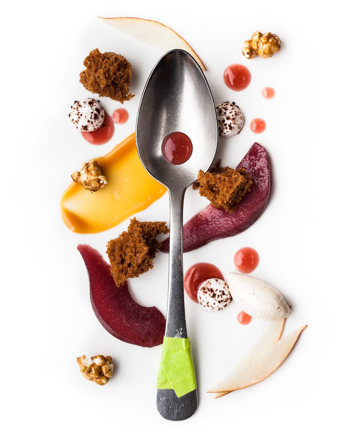 Spoonful portrait of Pastry Chef Stephen Collucci titled What Grows Together, featuring pear in multiple preparations alongside a classic quenelle spoon.