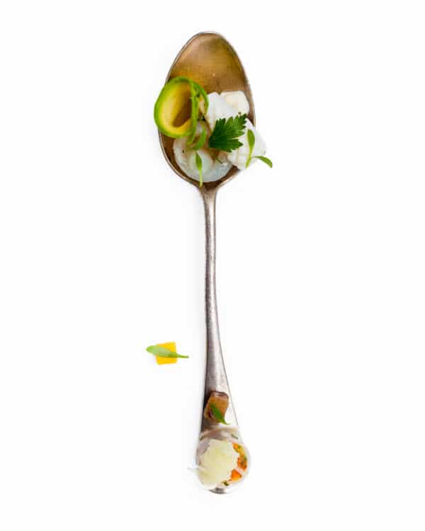 Spoonful portrait of Chef Gavin Kaysen featuring avocado, cilantro, chilies, sea bass, and squid in a specialized tasting spoon.