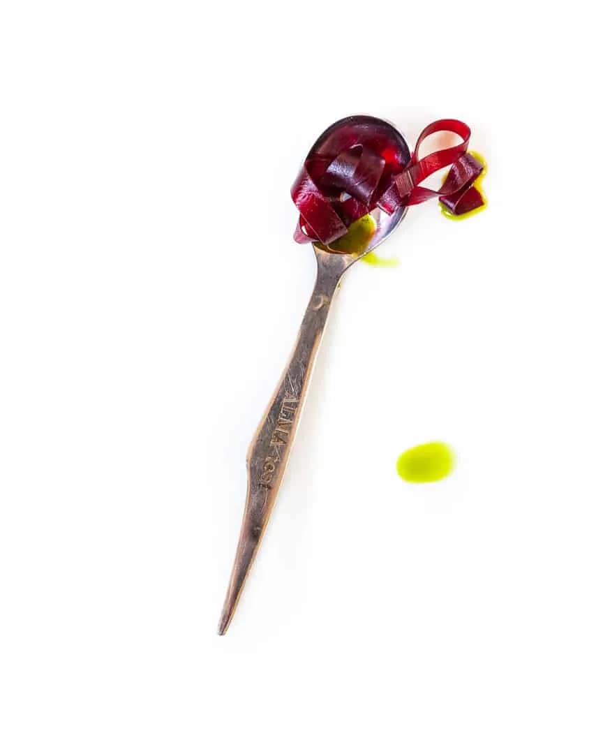 Spoonful portrait of Chef Jon Kallini titled The Perfect Measure, featuring beet gel noodles and anise hyssop oil in a unique ruler-engraved precision spoon.