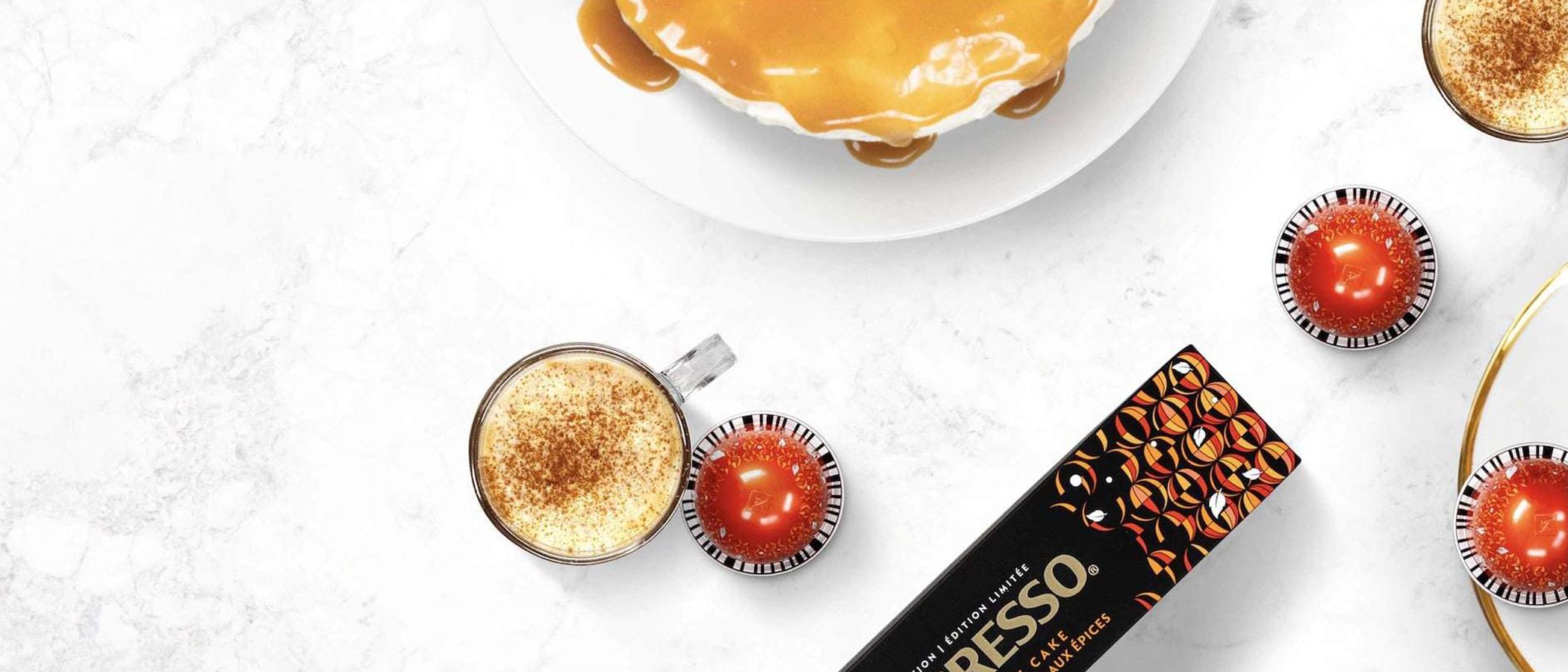 Nespresso Pumpkin Spice coffee capsule and drink photographed by Brent Herrig for advertising campaign